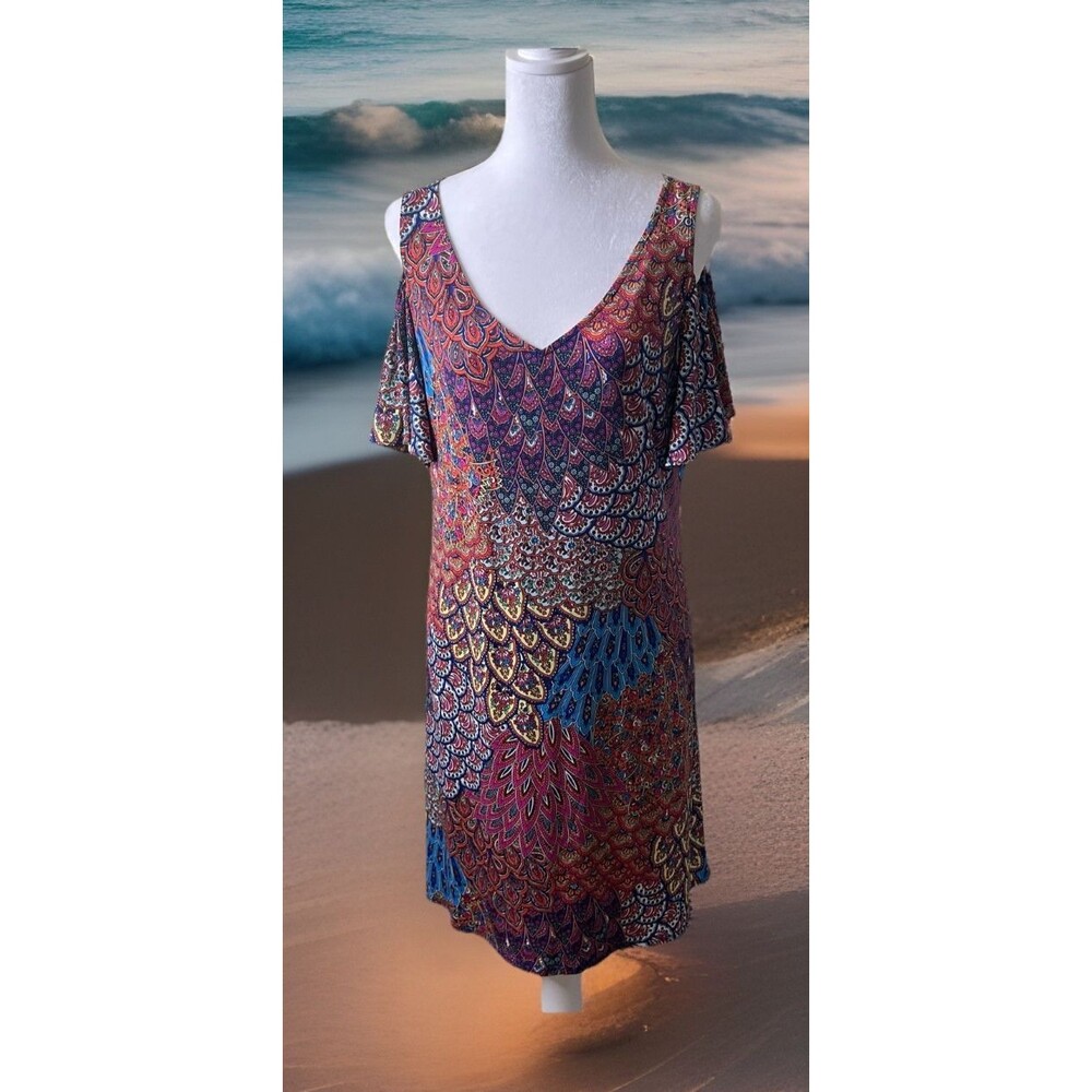 MSK Womens Cold Shoulder Flutter Sleeve Knee Length Paisley Shift Dress L NWT